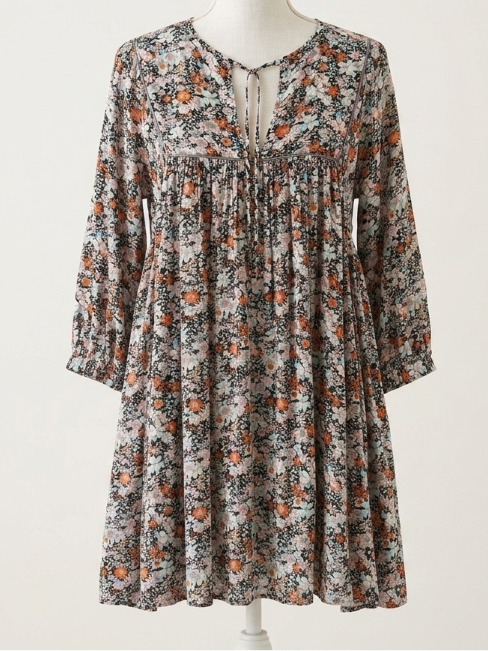 Natural Life Multicolor Floral Babydoll Mini Dress V-neck w/ Tie Detail Size XS